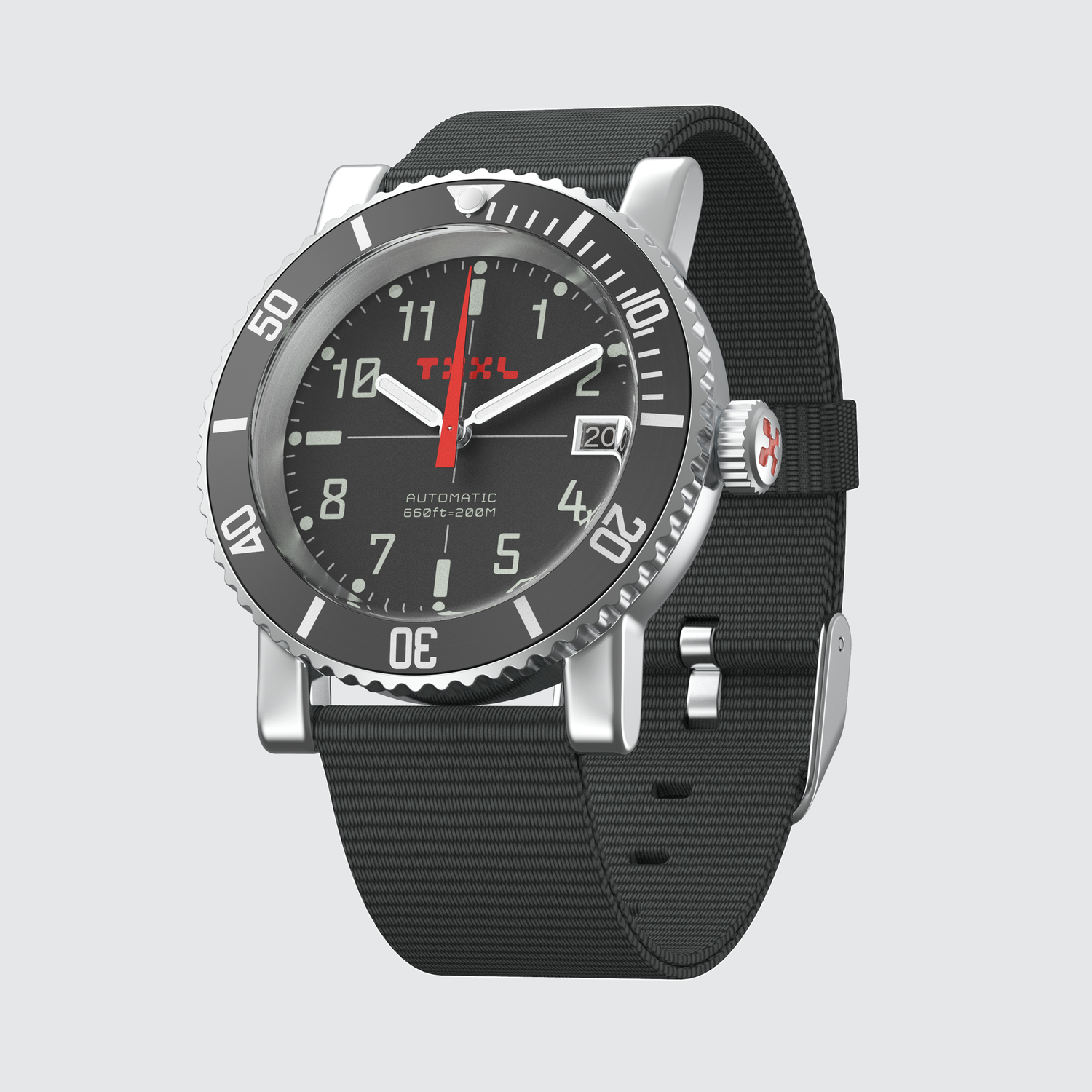 Stainless steel dive watch with black face and TXXL logo